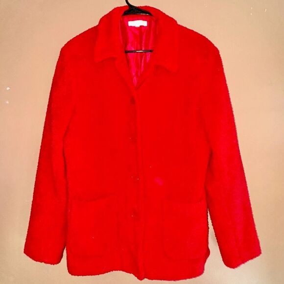 Annie Alexander Women's Sherpa Open Front Collared Jacket in Red - Size 10 - Picture 5 of 8